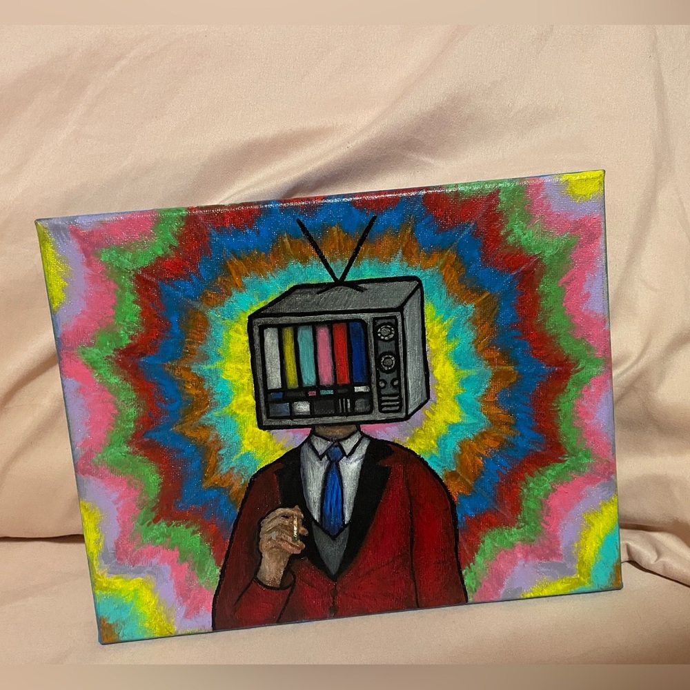 Hand Painted Picture of Man w/TV head